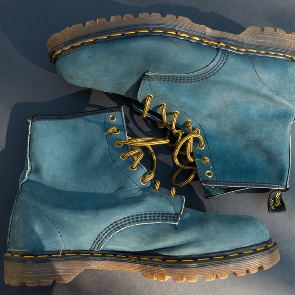 Vintage 1990s Dr. Martens 1460 Made in England Blue Suede Leather Boots Men's 12 - Picture 3 of 11